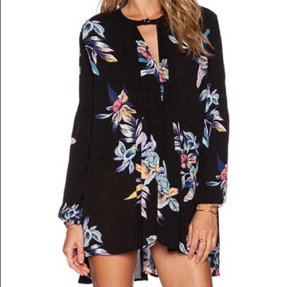 Free People| Black Floral Print Long Sleeve Tunic